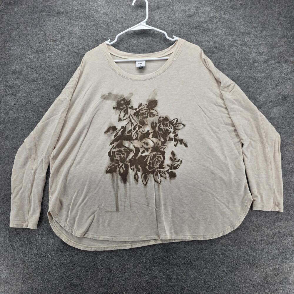 cabi Shirt Womens Large Beige Floral Graphic Long Sleeve Scoop Neck Style 3365